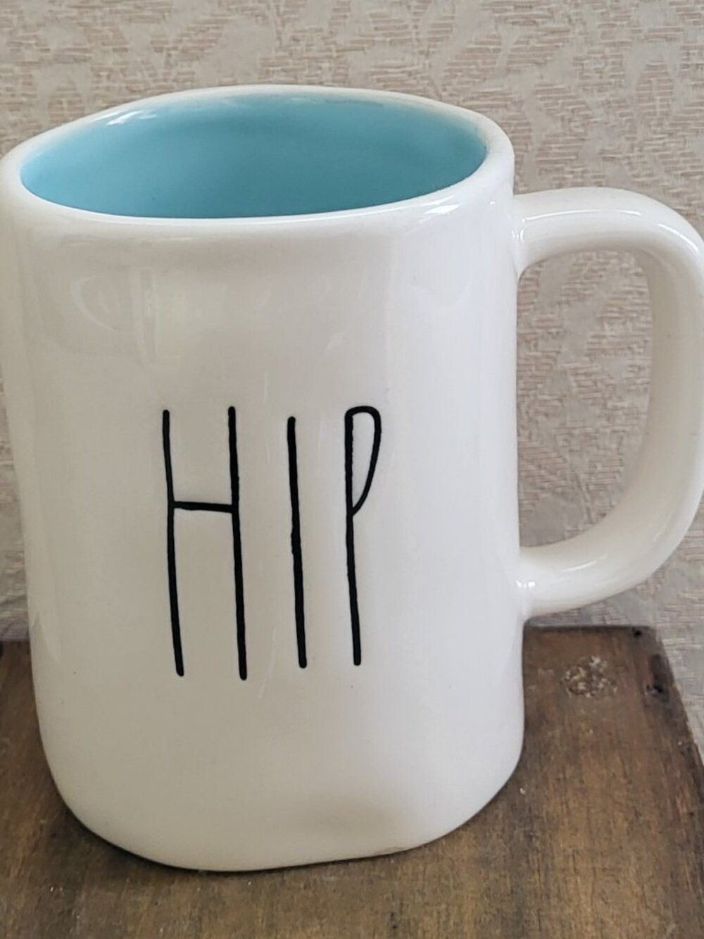 Rae Dunn Easter HIP HOP  Double Sided Mug White W/Black Letters Blue Inside
